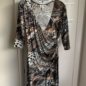 Joseph Ribkoff Black White Brown Mixed-Print Long Sleeve Dress